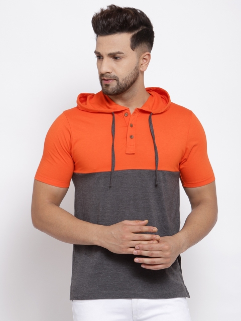 Kalt Men Orange & Grey Colourblocked Hooded T-shirt