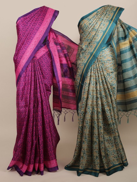 

Pothys Pack of 2 Purple & Green Jute Silk Printed Saree