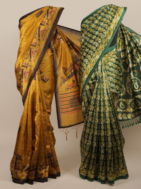 

Pothys Mustard & Green Set of 2 Jute Silk Printed Saree