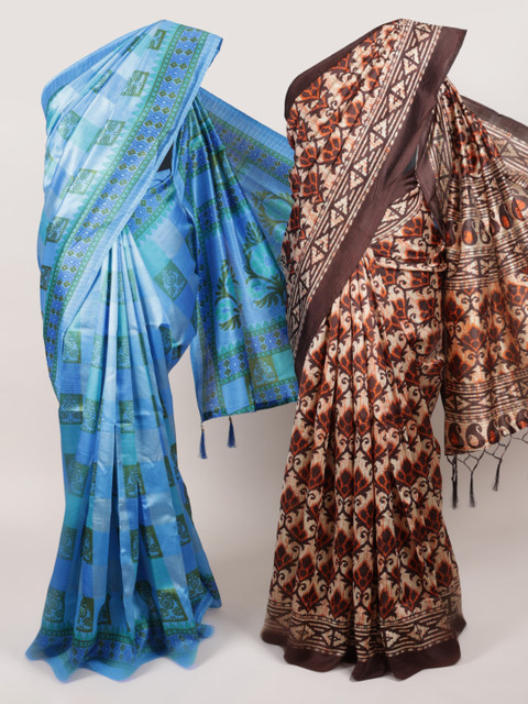 

Pothys Pack Of 2 Jute Silk Printed Sarees, Brown