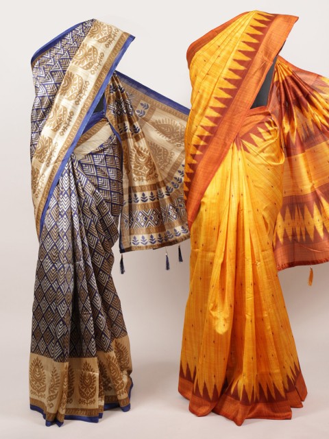 

Pothys Pack Of 2 Jute Silk Printed Sarees, Navy blue