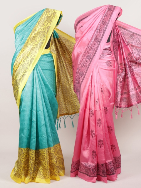 

Pothys Pack of 2 Pink & Sea Green Jute Silk Printed Saree