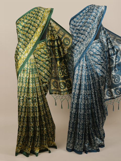 

Pothys Pack Of 2 Green & Blue Jute Silk Printed Sarees