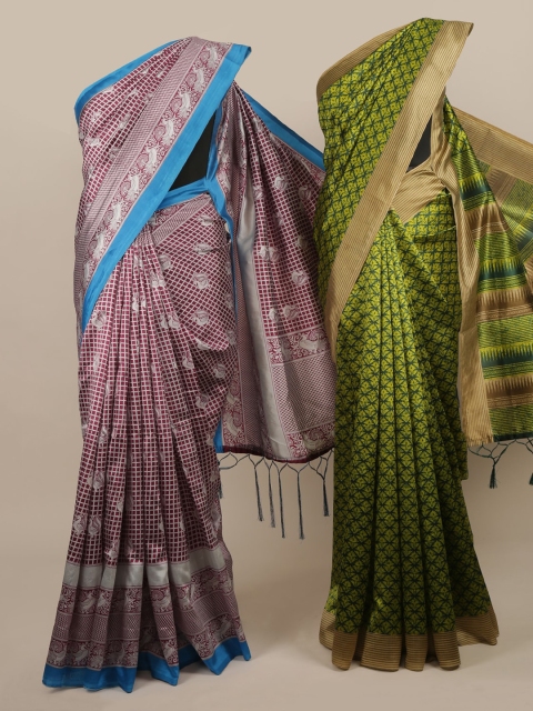 Pothys Maroon & Green Set of 2 Jute Silk Printed Saree