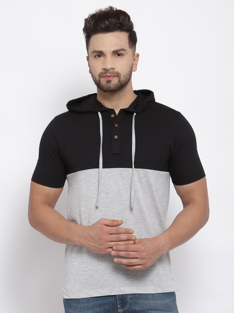 

Kalt Men Grey Melange & Black Colourblocked Hooded T-shirt