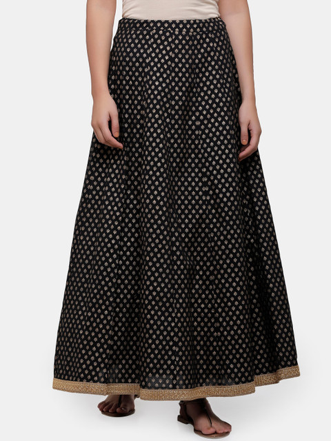 

IMARA Women Black & Gold-Coloured Printed Pure Cotton Maxi SKirt