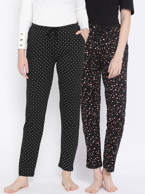 

Kanvin Women Pack of 2 Printed Pure Cotton Lounge Pants, Black