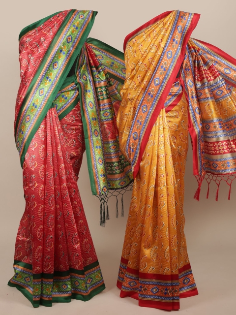 

Pothys Red & Mustard Set of 2 Jute Silk Printed Saree