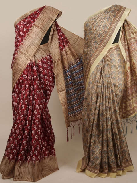 

Pothys Pack Of 2 Jute Silk Printed Sarees, Maroon