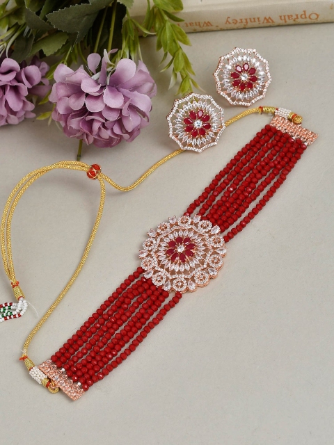 

Silvermerc Designs Red Rose-Gold Plated AD-Studded & Beaded Layered Jewellery Set