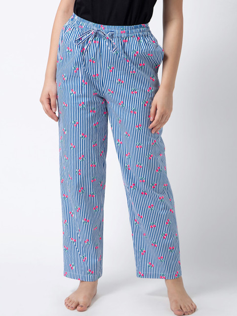 

ADORENITE Women White & Blue Floral Printed Cotton Lounge Pants