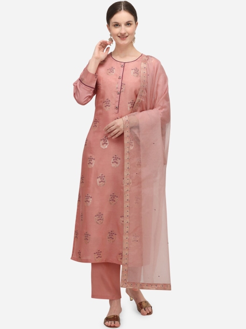 

Seerat Women Pink Regular Straight Pure Silk Jacquard Kurta & Trousers With Dupatta