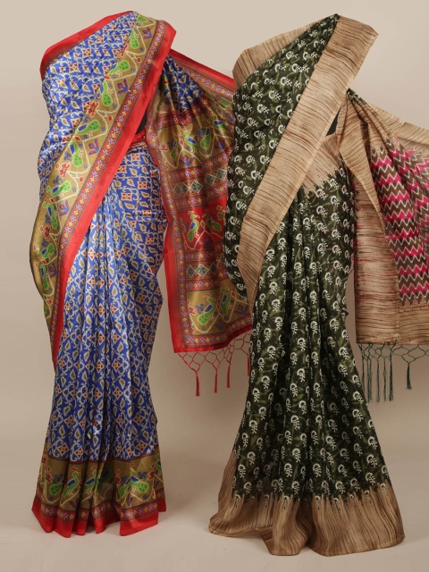 

Pothys Pack Of 2 Blue & Green Jute Silk Printed Sarees