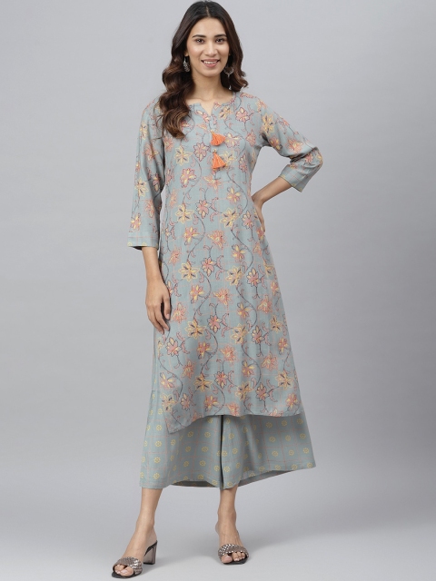 

JAIPUR ATTIRE Women Grey Floral Printed Straight Kurta & Palazzos