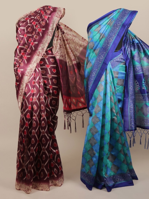 Pothys Pack Of 2 Purple & Blue Jute Silk Printed Sarees