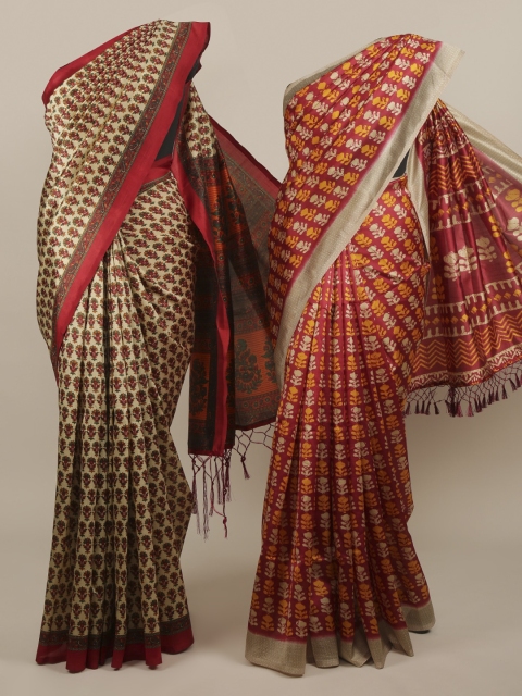 

Pothys Pack Of 2 Jute Silk Printed Sarees, Cream