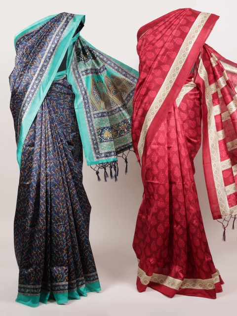 

Pothys Pack Of 2 Navy Blue & Maroon Jute Silk Printed Sarees