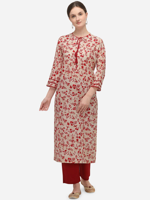 

Seerat Women Beige & Red Floral Printed Regular Straight Pure Cotton Kurta with Trousers