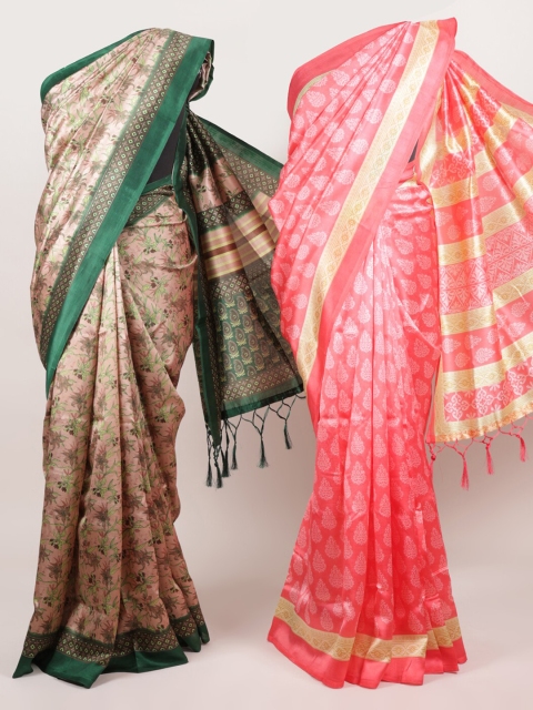 

Pothys Pack Of 2 Brown & Pink Jute Silk Printed Sarees