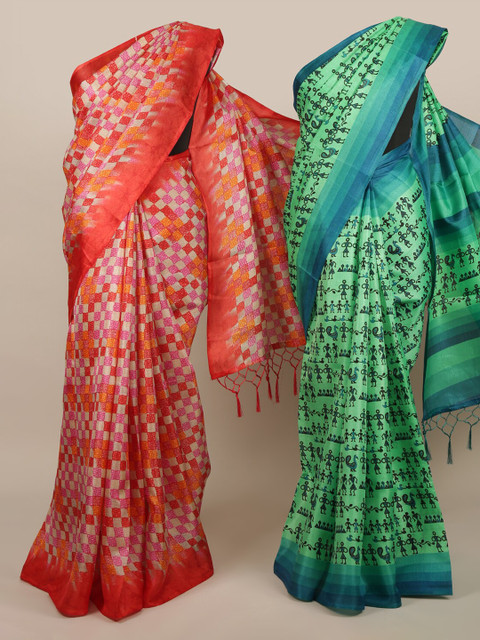 

Pothys Orange & Green Set of 2 Jute Silk Printed Saree
