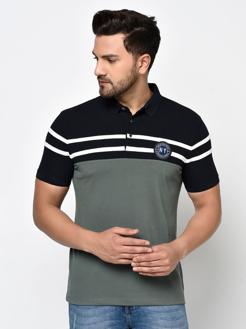 

Octave Men Olive Green Colourblocked Polo Collar Cotton T-shirt