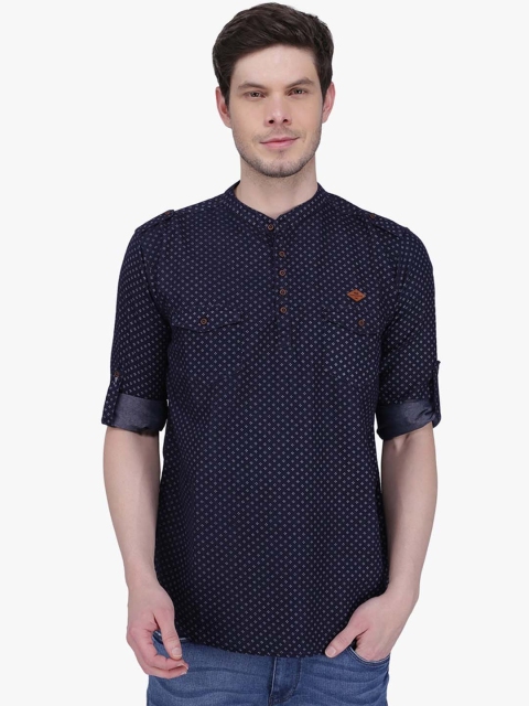 

Kuons Avenue Men Navy Blue Geometric Printed Denim Kurta