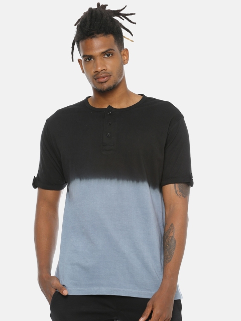 

Campus Sutra Men Black Dyed Henley Neck Pure Cotton T-shirt