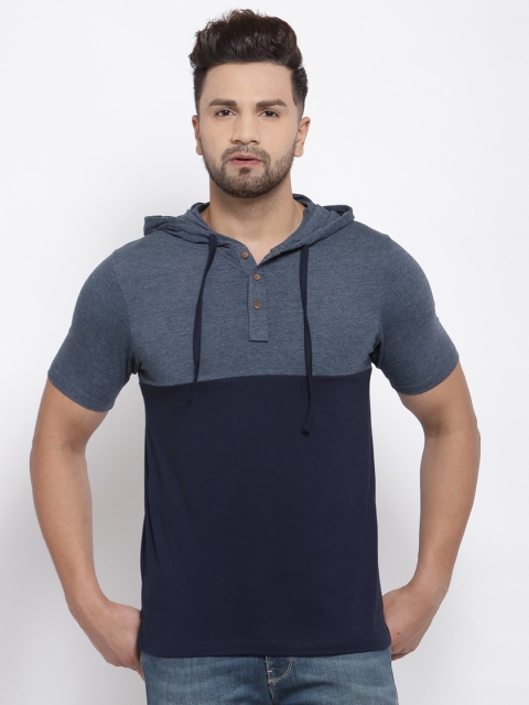 

Kalt Men Navy Blue & Grey Colourblocked Hooded T-shirt