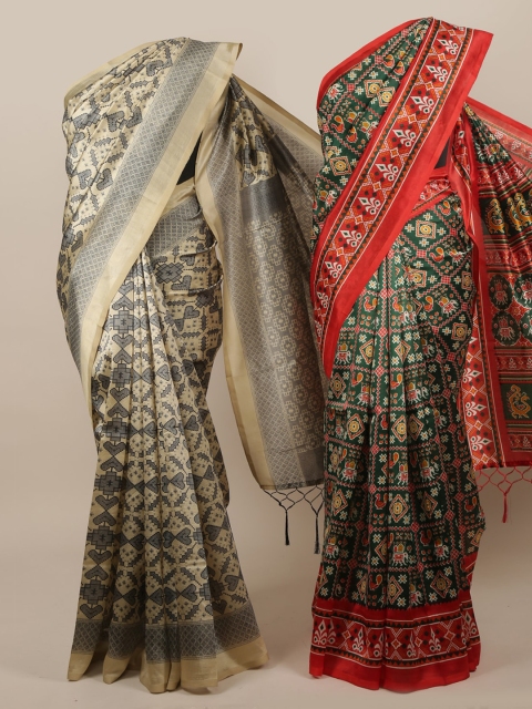 

Pothys Cream-Coloured & Green Set of 2 Jute Silk Printed Saree