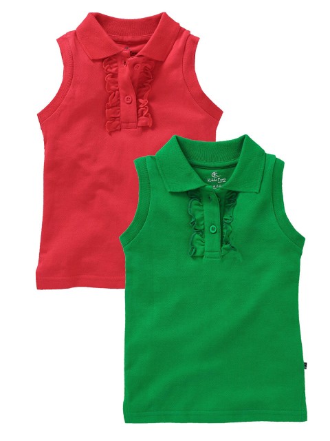 

KiddoPanti Girls Pack Of 2 Coral Red & Green Solid Polo Collar T-shirt