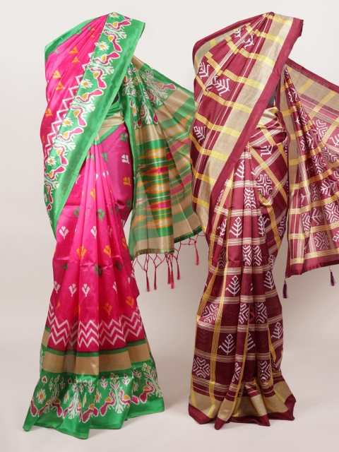 

Pothys Magenta & Maroon Set of 2 Jute Silk Printed Saree
