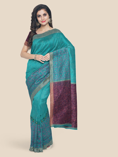 

KLM Fashion Mall Teal Linen Blend Woven Design Venkatgiri Saree
