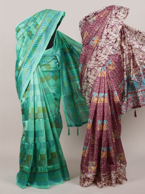 

Pothys Pack Of 2 Green & Purple Jute Silk Printed Sarees