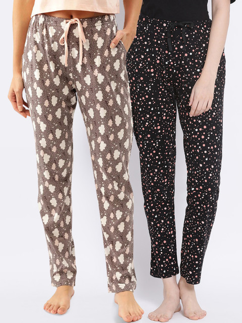 

Kanvin Women Pack of 2 Printed Pure Cotton Lounge Pants, Black