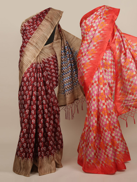 

Pothys Pack Of 2 Maroon & Orange Jute Silk Printed Sarees