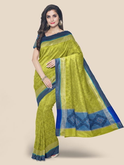 

KLM Fashion Mall Green & Blue Linen Blend Printed Venkatgiri Saree