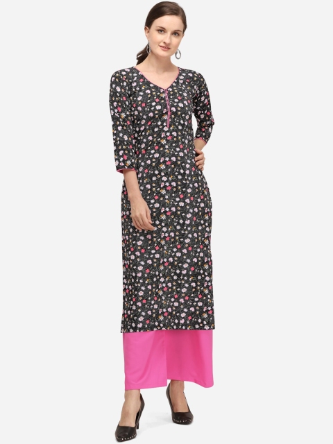 

Florence Women Black & Pink Floral Printed Crepe Regular A-Line Kurta & Palazzos