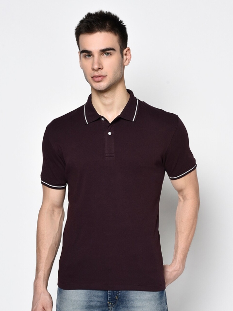 

Octave Men Burgundy Solid Polo Collar Cotton T-shirt