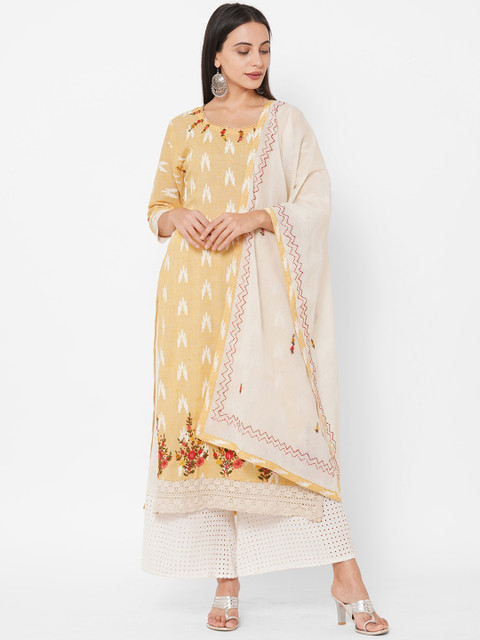 

FASHOR Women Mustard & Off White Hand Embroidered Kurta with Dupatta