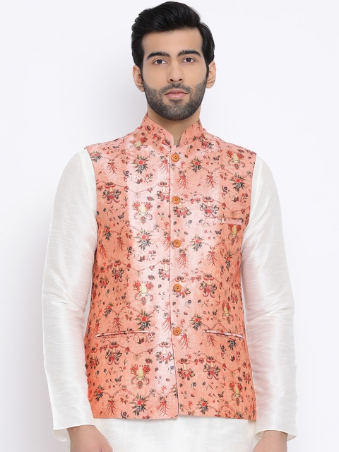 

NAMASKAR Men Peach-Coloured & Red Floral Woven Design Pure Silk Nehru Jacket