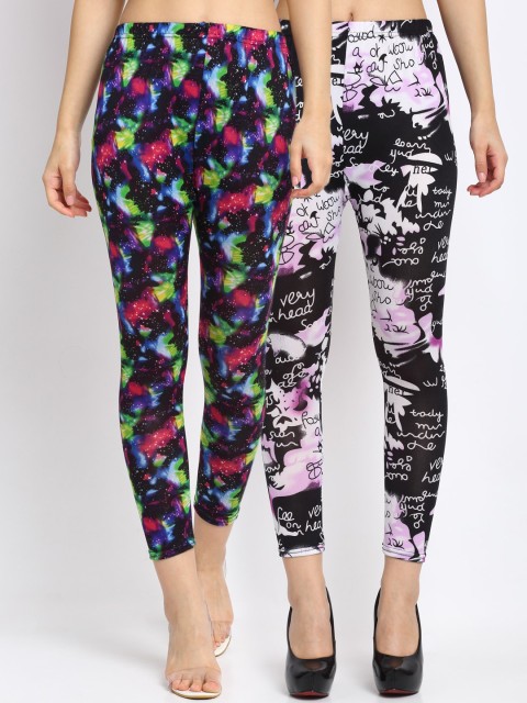 

NEUDIS Women Pack of 2 Printed Skinny-Fit Ankle-Length Leggings, Black