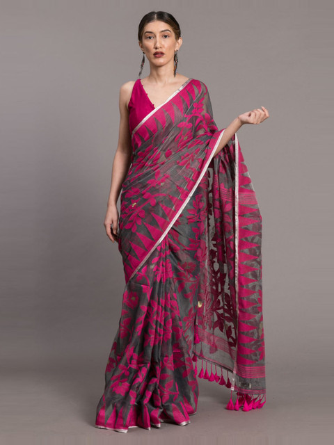 

Suta Grey & Pink Polycotton Woven Design Saree With Tasseled Pallu