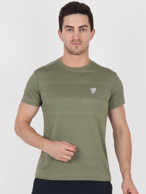 

VEGA Men Olive Green Striped Slim Fit T-shirts