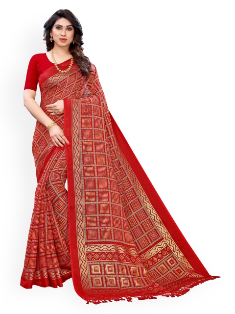 

KALINI Red & Beige Silk Cotton Checked Bandhani Saree