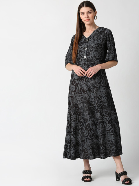 

mokshi Black & Grey Floral Ethnic A-Line Midi Dress