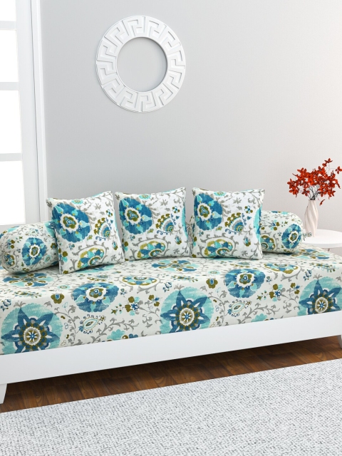 

HOME AFFAIRS Set Of 6 Blue & White Ethnic Motifs Printed Pure Cotton Diwan Set