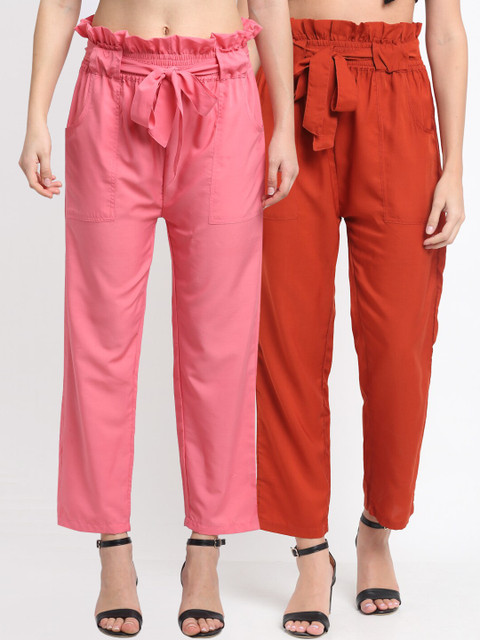 

NEUDIS Women Pack Of 2 Solid Peg Trousers, Pink