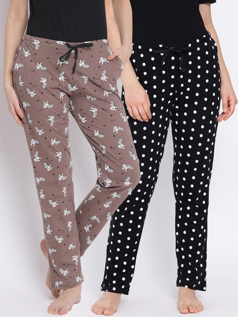 

Kanvin Women Pack Of 2 Printed Pure Cotton Lounge Pants, Black
