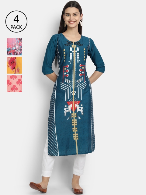 

Ethnic basket Women Pack Of 4 Printed Crepe Kurtas, Blue