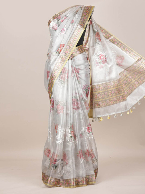 

Pothys Silver-Toned Printed Linen Blend Saree